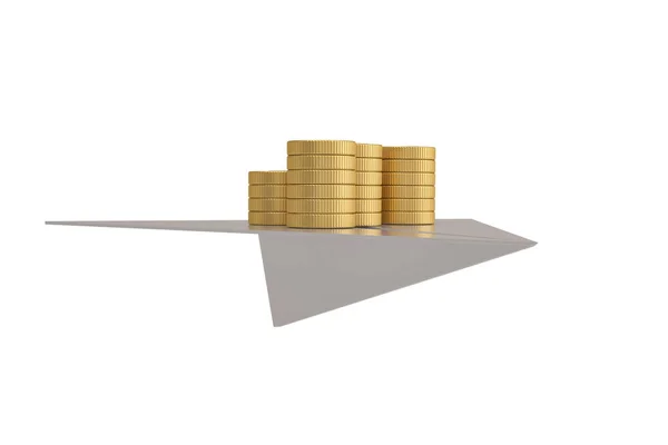 Pacotes de moedas de ouro e avião de papel em fundo branco.3D illustra — Fotografia de Stock