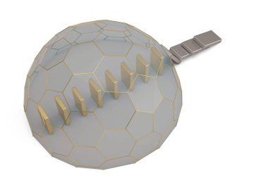 Domino etkisi ve altıgen çerçeve koruyucu kapağı. 3D illustratio