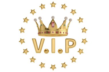 VIP mektup ve beyaz arka plan üzerinde yıldız ile bir taç. 3D illus