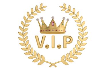 Beyaz arka plan üzerinde VIP mektup ve altın dal ile bir taç. 3D