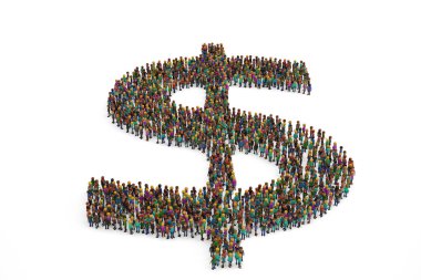 İnsanlar birlikte bir dolar işareti şeklinde beyaz üzerinde toplandı. 
