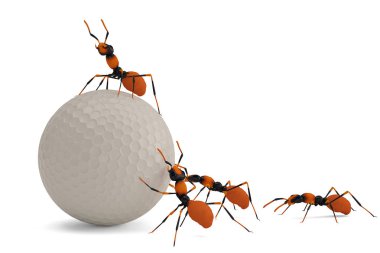 Golf topu ve beyaz arka plan üzerinde izole karıncalar. 3D çizim
