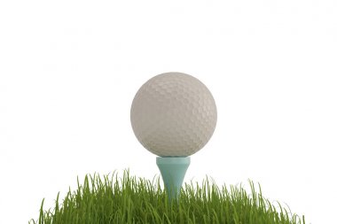 Tee beyaz arka plan üzerinde izole çim üzerinde beyaz golf topu. 
