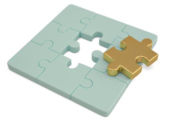 Altın ve mavi puzzle parçaları üzerinde beyaz background.3d illustratio