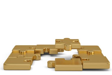 Gold puzzle parçaları üzerinde beyaz background.3d illüstrasyon.
