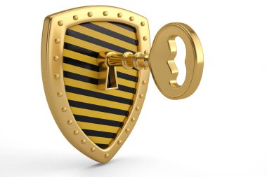 Shield.3d resimde üzerinde altın anahtar.