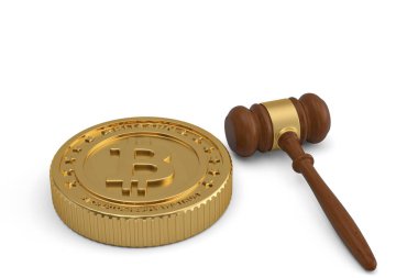 Beyaz background.3d resimde Bitcoin ve açık artırma çekiç.