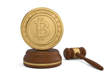 Beyaz background.3d resimde Bitcoin ve açık artırma çekiç.