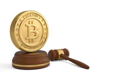 Beyaz background.3d resimde Bitcoin ve açık artırma çekiç.