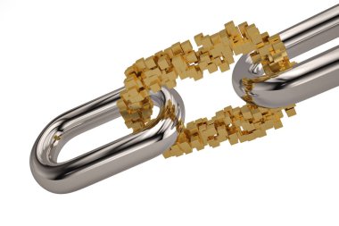 Altın zincirle link.3d illüstrasyon engeller.