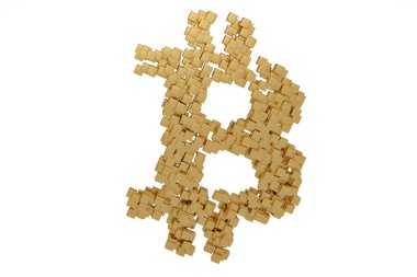 Bitcoin symbol.3d illustr oluşturmak için küçük altın blok oluşturmak