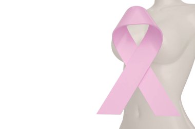 Pembe meme kanseri şerit ve kadın bedeni izole white.3d üzerinde ben