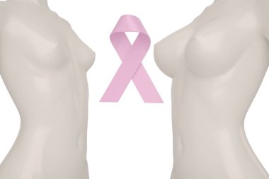 Pembe meme kanseri şerit ve kadın bedeni izole white.3d üzerinde ben