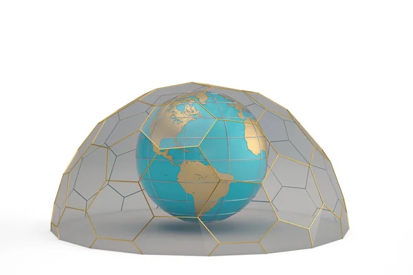 Globe in hexagon frame protective cover. 3D illustration. — Stock Photo, Image