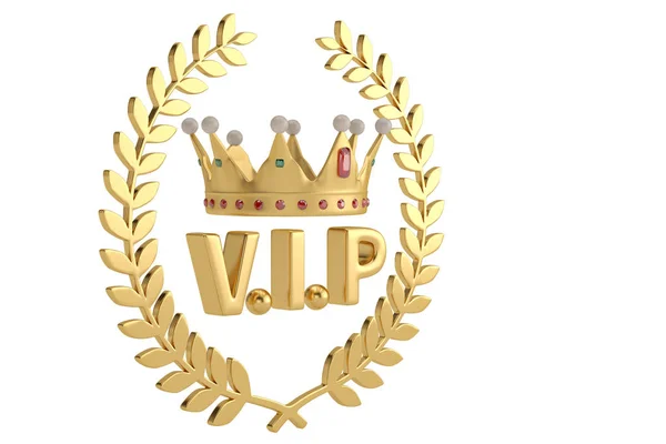 En krona med VIP-brev och guld gren på vit bakgrund. 3D — Stockfoto