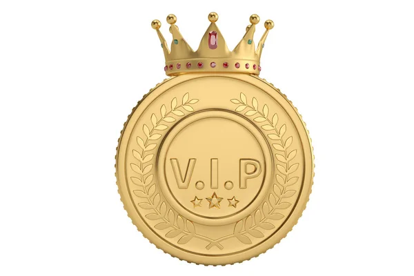 Corona d'oro con vip moneta su sfondo bianco.Illustrazione 3D — Foto Stock