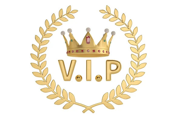 Eine Krone mit VIP-Buchstaben und Goldzweig auf weißem Hintergrund. 3d — Stockfoto