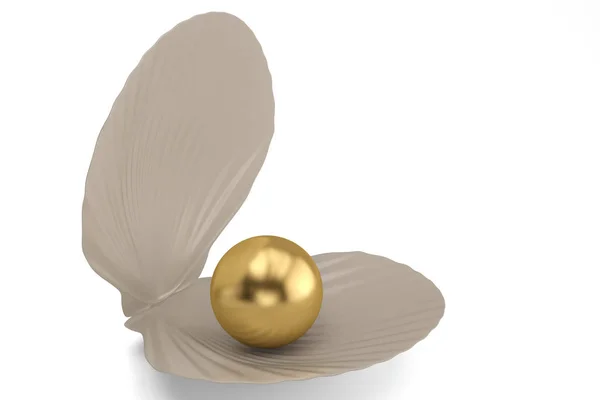 Een witte schelp met gouden parel isolatedon witte achtergrond. 3D — Stockfoto