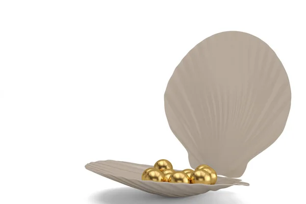 Uma concha branca com pérolas douradas isoladasem fundo branco. 3D — Fotografia de Stock