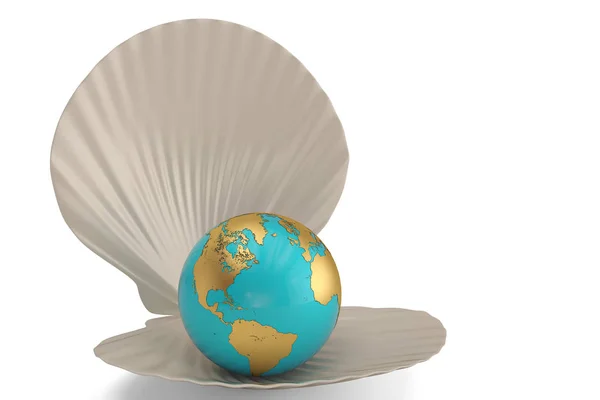 Una concha blanca con globo aislado sobre fondo blanco. Ilustre 3D — Foto de Stock