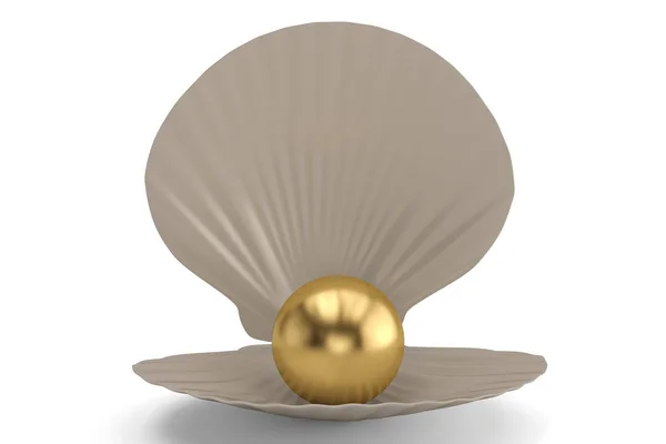 Egy fehér héj arany gyöngy isolatedon, fehér háttérrel. 3D — Stock Fotó