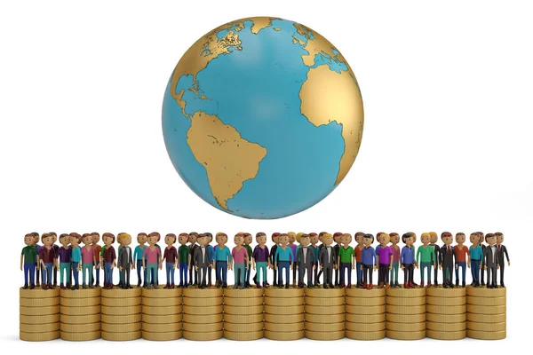 Människor på guldmynt stacks med Globen. 3D illustration. — Stockfoto