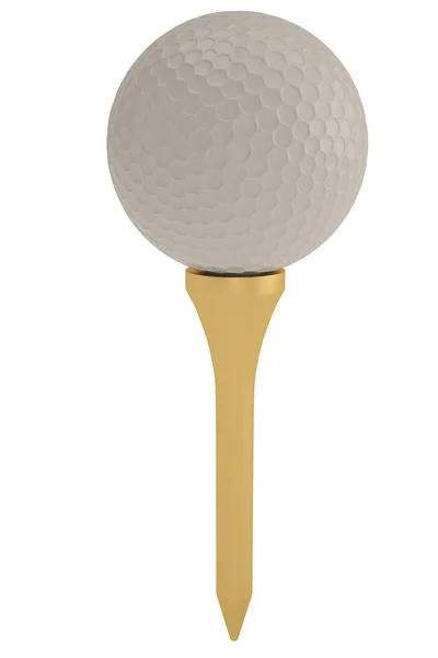 Bola de golfe em tee dourado isolado em branco. Ilustração 3D . — Fotografia de Stock