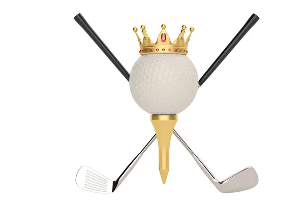 Couronne en or sur balle de golf et club de golf isolé sur fond blanc — Photo