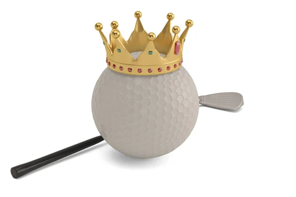 Corona de oro en pelota de golf y golf club isolatedon fondo blanco — Foto de Stock