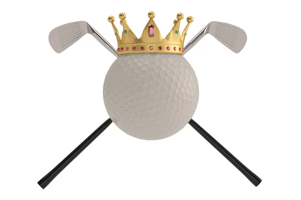 Coroa de ouro na bola de golfe e clube de golfe isolado em backgroun branco — Fotografia de Stock