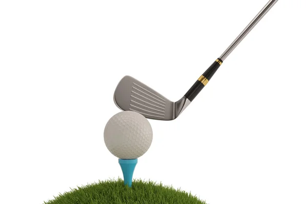 Taco de golfe com bola de golfe no tee isolado no fundo branco. 3D — Fotografia de Stock