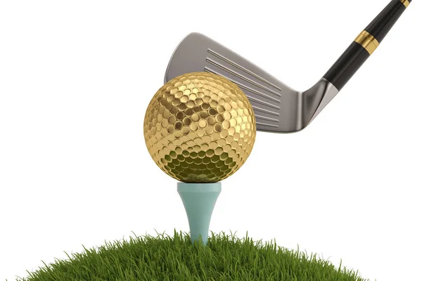 Taco de golfe com bola de golfe no tee isolado no fundo branco. 3D — Fotografia de Stock