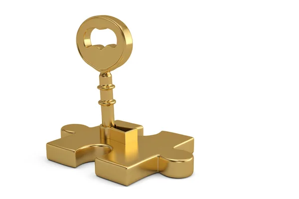Gyllene nyckel och pussel bitar på vit background.3d illustration — Stockfoto