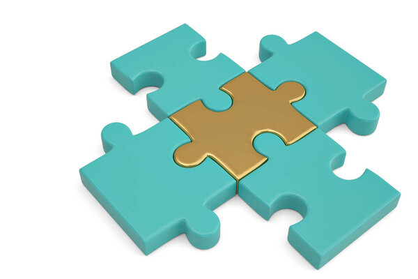 Golden and blue puzzle pieces on white background.3D illustratio