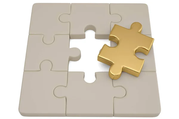 Pezzi di puzzle dorati e bianchi su sfondo bianco.Illustri 3D — Foto Stock