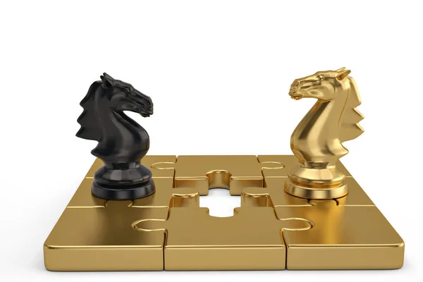 Puzzle e xadrez cavaleiro em fundo branco.ilustração 3D . — Fotografia de Stock