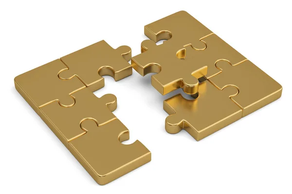 Gold Puzzleteile auf weißem Hintergrund. 3d Illustration. — Stockfoto