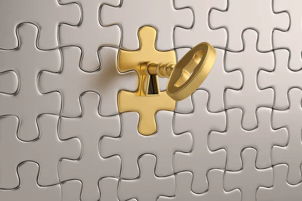 Golden key and puzzle pieces on white background.3D illustration