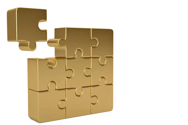 Piezas de rompecabezas de oro sobre fondo blanco.Ilustración 3D . —  Fotos de Stock