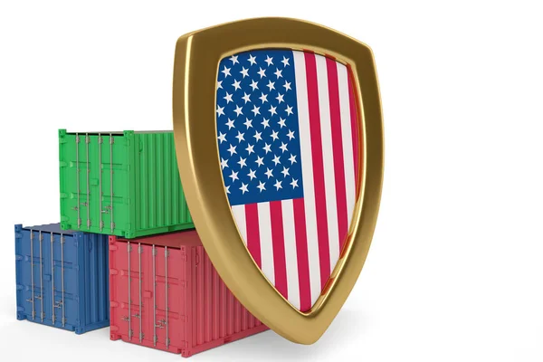 USA zászló pajzs és containers.3d illusztráció. — Stock Fotó