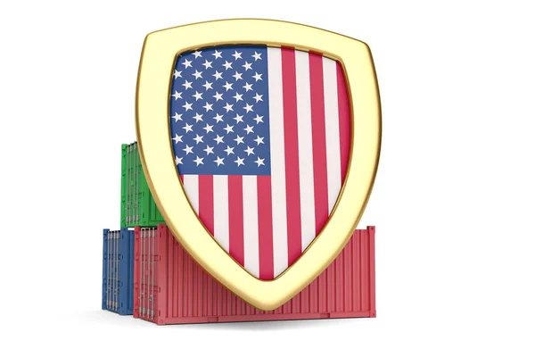 USA Flaggenschild und Container. 3d Illustration. — Stockfoto