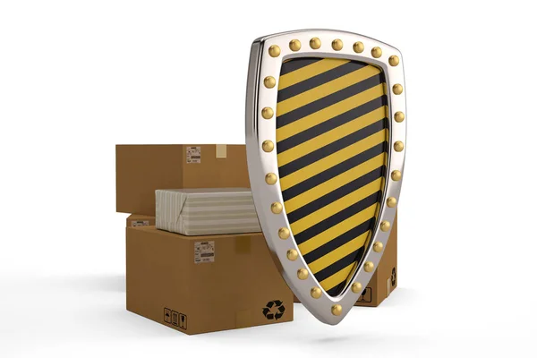 Stack of boxes with shield isolated on whiite background.3D illu — Stock Photo, Image