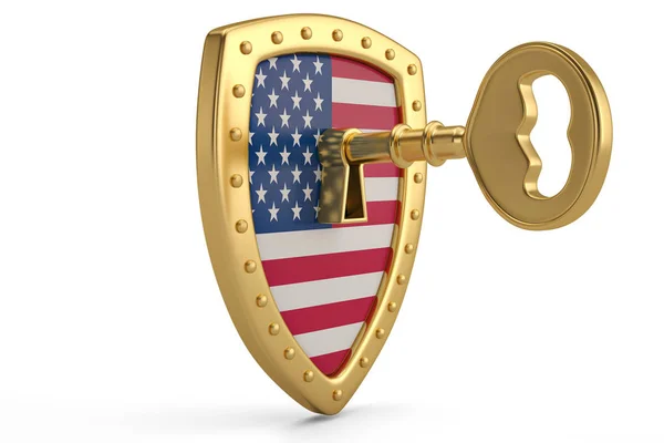 Goldener Schlüssel auf US-Flagge Schild. 3d Illustration. — Stockfoto