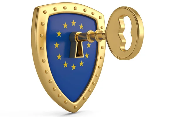 Χρυσό κλειδί στην εικονογράφηση shield.3d σημαία της ΕΕ. — Φωτογραφία Αρχείου