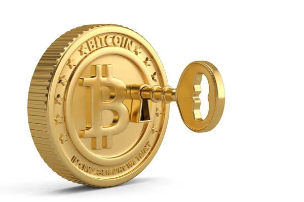Clé or sur bitcoin.Illustration 3D . — Photo