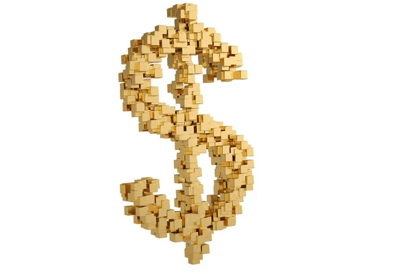 Pequeños bloques de oro se acumulan para formar el símbolo del dólar.3D illustra —  Fotos de Stock