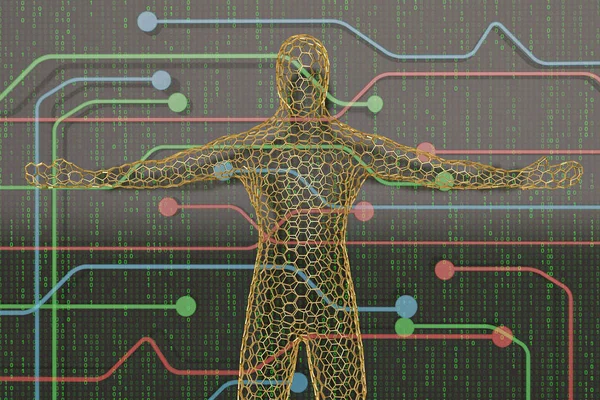 Χρυσό wireframe ή πλέγμα ανθρώπου στην ψηφιακή background.3d illustrati — Φωτογραφία Αρχείου