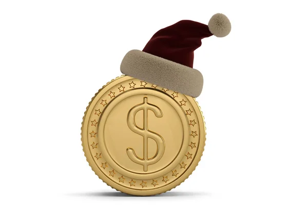 Χρυσό νόμισμα με καπέλο santa που απομονώνονται σε λευκό background.3d illustr — Φωτογραφία Αρχείου