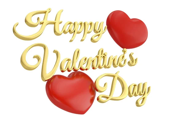 Hearts and golden happy valentine's day text.3D illustration. — Stock Photo, Image
