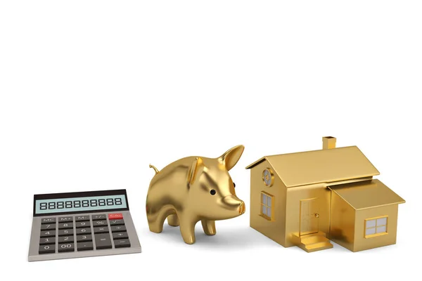 Калькулятор із золотою свинкою та будинком на білому тлі.3D illu — стокове фото